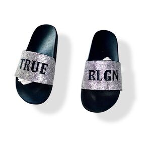 True Religion Meyer Bling Womens Silver Black Slides Slippers Sandal Size 9